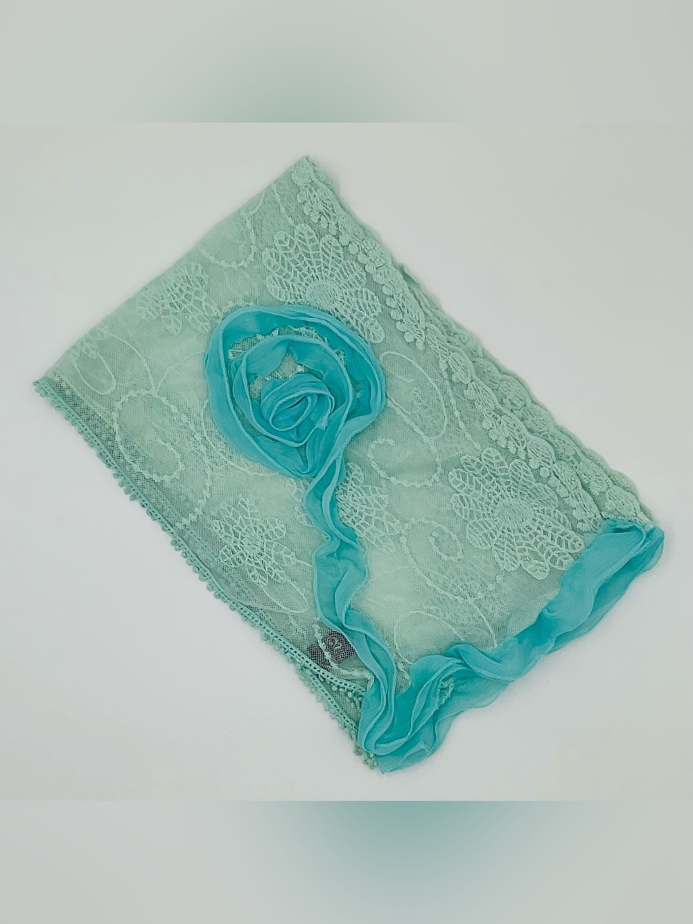2 CHIC Light Aqua Floral Lace Scarf with Ribbon Rose Accent - Picture 2 of 7